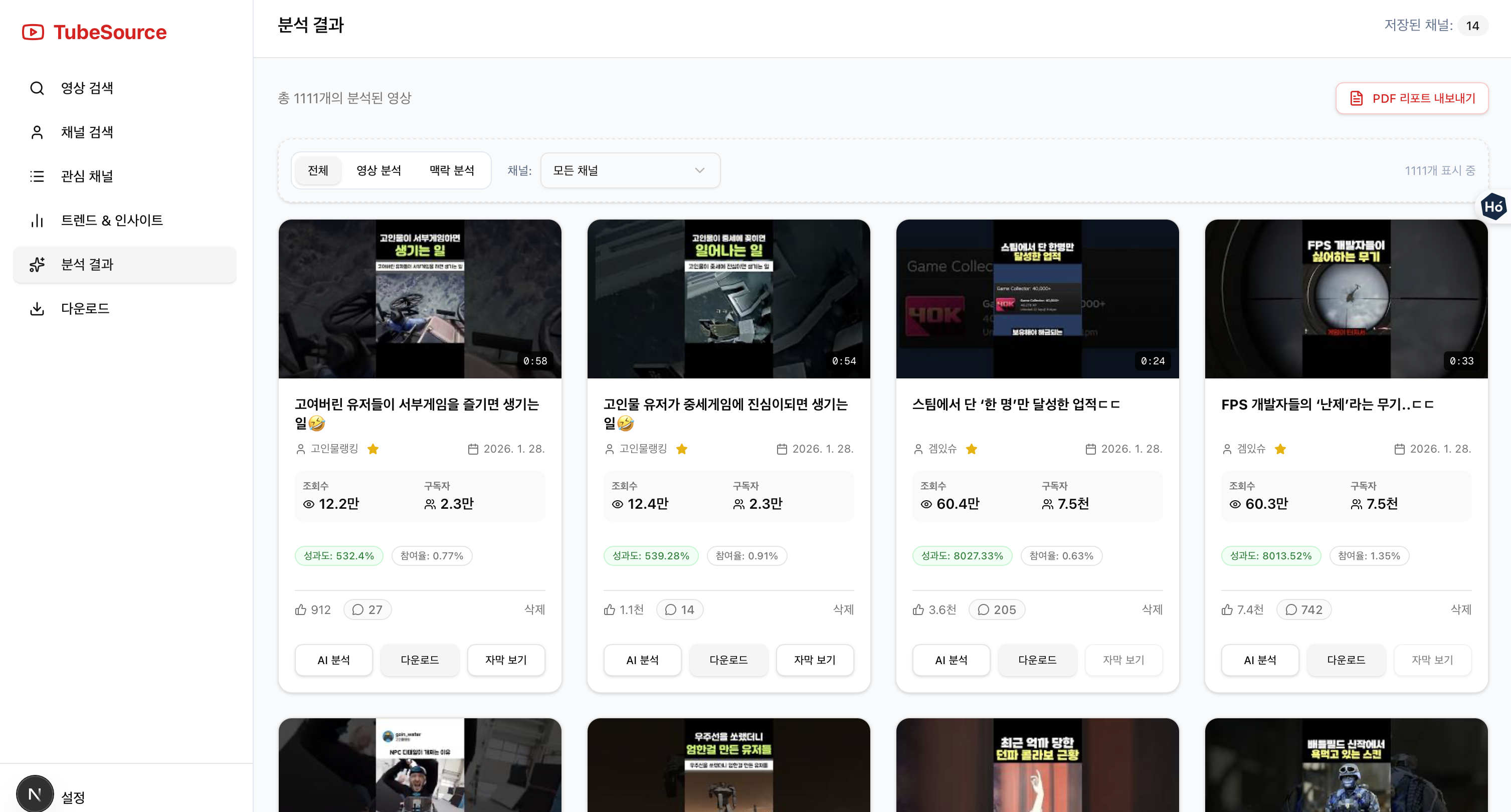 분석 결과 목록