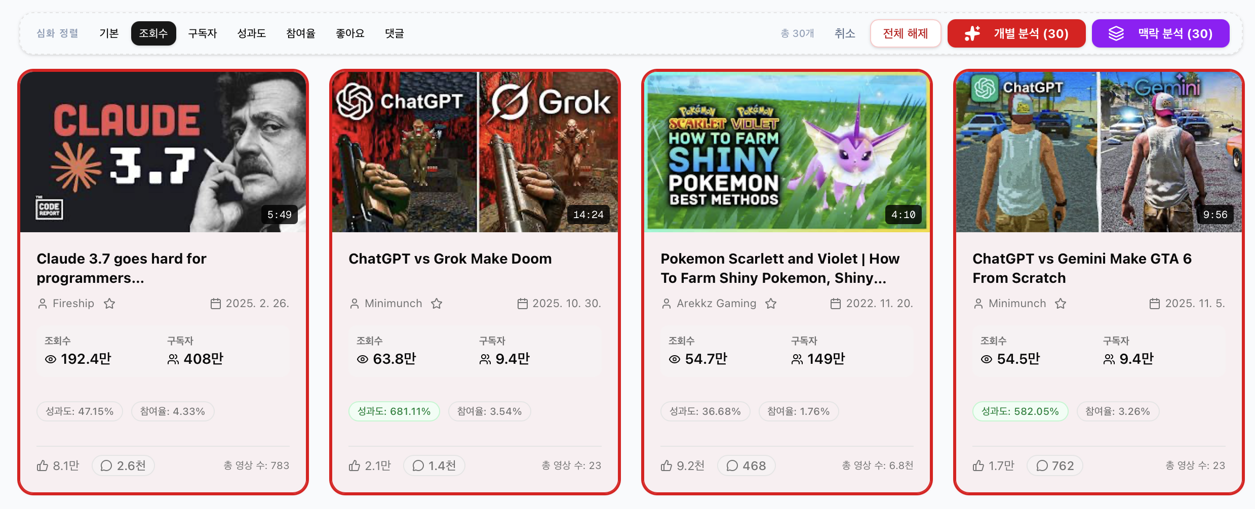 개별 분석 선택 UI